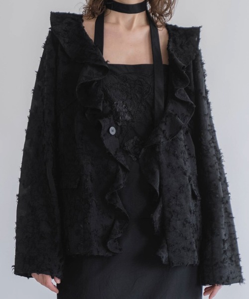 WILLFULLY（ウィルフリー）の「jacquard sheer ruffle frill shirt JK（ノーカラージャケット・レディース・アイボリー/ブラック・FREE）」の15枚目の写真