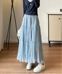 しわ加工裾フリルティアードフレアスカート