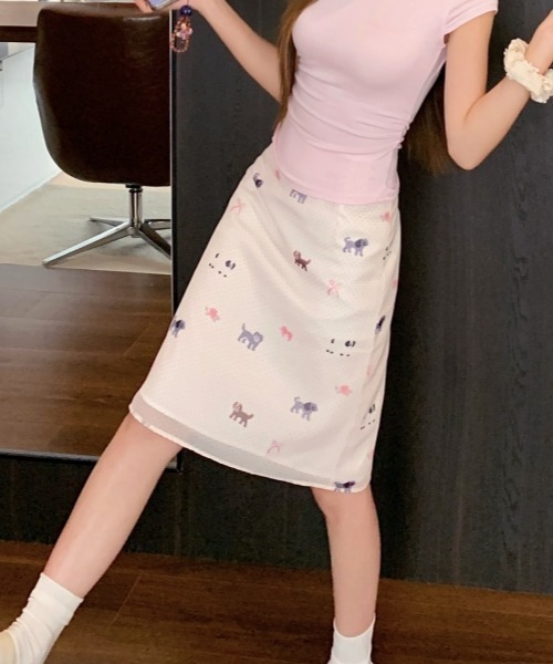 gossip!ロサンゼルス(ゴシップロサンゼルス)の「【Y2Kガーリー】レトロドット&キャット・ドッグ柄Aラインシフォンスカート ミディ丈(スカート・レディース・オフホワイト・L/M/S)」の8枚目の写真