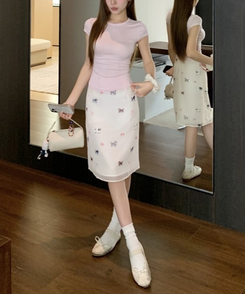 gossip!ロサンゼルス(ゴシップロサンゼルス)の「【Y2Kガーリー】レトロドット&キャット・ドッグ柄Aラインシフォンスカート ミディ丈(スカート・レディース・オフホワイト・L/M/S)」の13枚目の写真