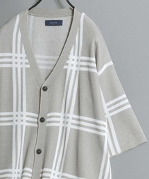 Cooling Half-Sleeve Knit Cardigan (Solid/Check Pattern) / 接触冷感 ムジ＆チェック 五分袖 ニットVカーデ メンズ サマーカーディガン シンプル 5分袖 半袖 ビッグシルエット オーバーサイズ