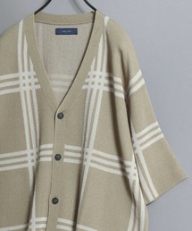 Cooling Half-Sleeve Knit Cardigan (Solid/Check Pattern) / 接触冷感 ムジ&チェック 五分袖 ニットVカーデ メンズ サマーカーディガン シンプル 5分袖 半袖 ビッグシルエット オーバーサイズ