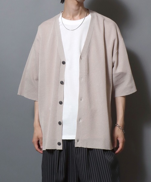 ANPAS(アンパス)の「Cooling Half-Sleeve Knit Cardigan (Solid/Check Pattern) / 接触冷感 ムジ&チェック 五分袖 ニットVカーデ メンズ サマーカーディガン シンプル 5分袖 半袖 ビッグシルエット オーバーサイズ(カーディガン/ボレロ・メンズ・グレイッシュベージュ/ブラック/サックスブルー/ブラック系その他/グレー系その他/ベージュ系その他/ブルー系その他・M/L)」の18枚目の写真