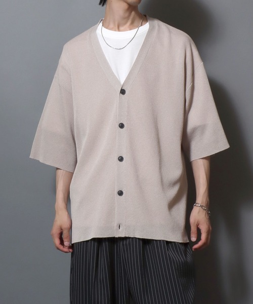 ANPAS(アンパス)の「Cooling Half-Sleeve Knit Cardigan (Solid/Check Pattern) / 接触冷感 ムジ&チェック 五分袖 ニットVカーデ メンズ サマーカーディガン シンプル 5分袖 半袖 ビッグシルエット オーバーサイズ(カーディガン/ボレロ・メンズ・グレイッシュベージュ/ブラック/サックスブルー/ブラック系その他/グレー系その他/ベージュ系その他/ブルー系その他・M/L)」の19枚目の写真