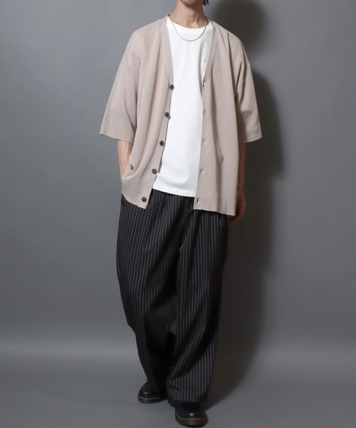 ANPAS(アンパス)の「Cooling Half-Sleeve Knit Cardigan (Solid/Check Pattern) / 接触冷感 ムジ&チェック 五分袖 ニットVカーデ メンズ サマーカーディガン シンプル 5分袖 半袖 ビッグシルエット オーバーサイズ(カーディガン/ボレロ・メンズ・グレイッシュベージュ/ブラック/サックスブルー/ブラック系その他/グレー系その他/ベージュ系その他/ブルー系その他・M/L)」の20枚目の写真