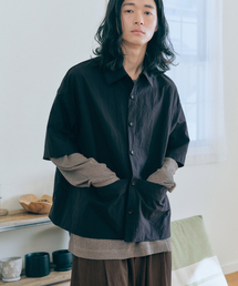 MALEN（マレン）の「ユニセックスビッグポケット半袖シャツジャケットブラック（シャツ/ブラウス）」