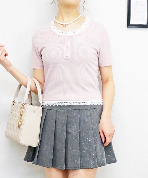 FUN(ファン)の「レースヘンリープルオーバー(Tシャツ/カットソー・レディース・ドット/サックスブルー/ブラック/ピンク・FREE)」の4枚目の写真