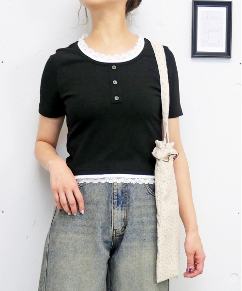 FUN(ファン)の「レースヘンリープルオーバー(Tシャツ/カットソー・レディース・ドット/サックスブルー/ブラック/ピンク・FREE)」の3枚目の写真