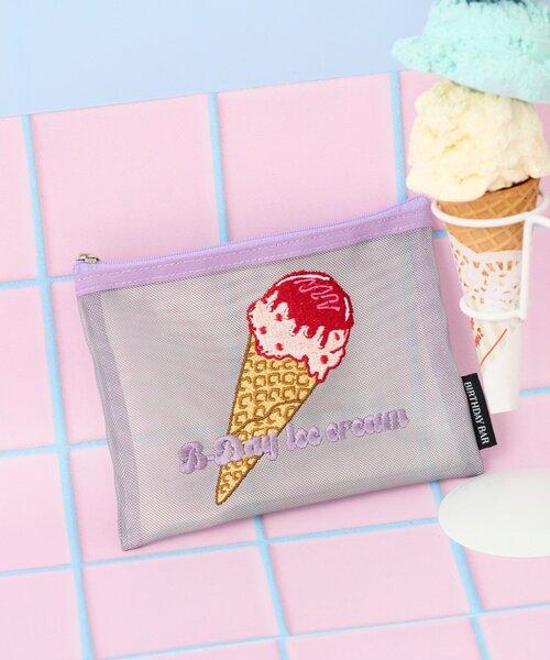 BIRTHDAY BAR(バースデイバー)の「B-DAYアイスクリーム 刺繍メッシュポーチ(ポーチ・レディース・ブラウン/シルバー・0)」の1枚目の写真