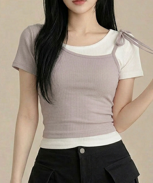 VIVID LADY(ビビッドレディー)の「クロスレイヤード ワンショルダー 半袖Tシャツ アンサンブル(アンサンブル・レディース・ブラック/ピンク/カーキ・FREE)」の3枚目の写真