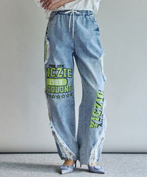 レタリングレースパッチワイドバンディングデニムパンツ