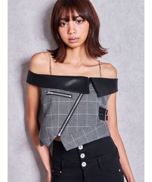 GYDA(ジェイダ)の「ZIP designフェイクレザードッキングラメcheckブラウス(シャツ/ブラウス・レディース・ブラック/ブラウン・FREE)」の2枚目の写真