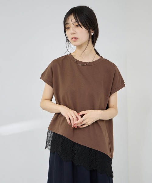 Mac-House(マックハウス)の「【Idnes/イドネス】 レイヤードデザイン アシンメトリーレースTシャツ(Tシャツ/カットソー・レディース・ブラック/ブラウン/オフホワイト・FREE)」の3枚目の写真
