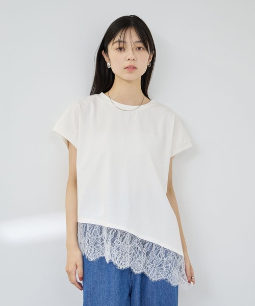 Mac-House(マックハウス)の「【Idnes/イドネス】 レイヤードデザイン アシンメトリーレースTシャツ(Tシャツ/カットソー・レディース・ブラック/ブラウン/オフホワイト・FREE)」の1枚目の写真