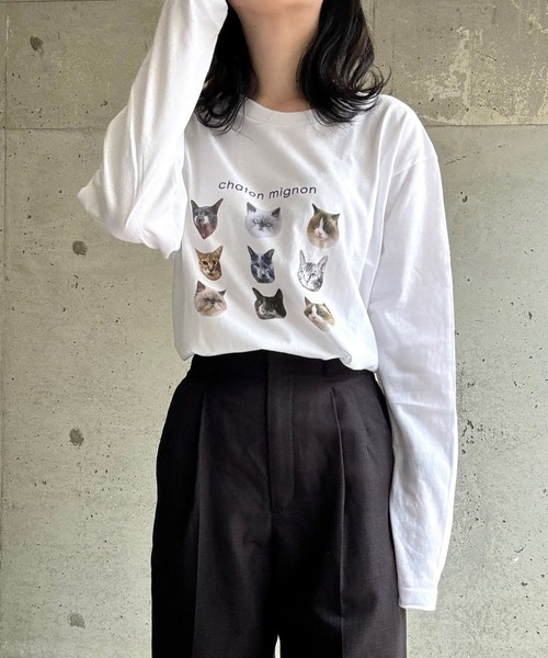 tunee(チュニー)の「ガーリー猫ロンT/長袖Tシャツ(hsyd)(Tシャツ/カットソー・レディース・ネイビー/ベージュ・LARGE/X-LARGE/SMALL/MEDIUM)」の7枚目の写真