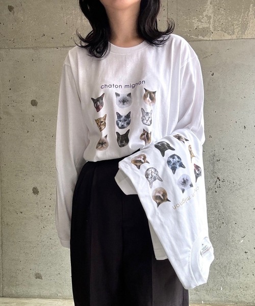 tunee(チュニー)の「ガーリー猫ロンT/長袖Tシャツ(hsyd)(Tシャツ/カットソー・レディース・ネイビー/ベージュ・LARGE/X-LARGE/SMALL/MEDIUM)」の9枚目の写真