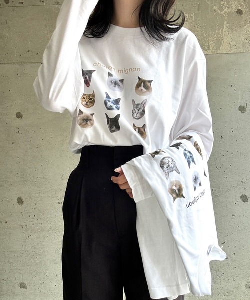 tunee(チュニー)の「ガーリー猫ロンT/長袖Tシャツ(hsyd)(Tシャツ/カットソー・レディース・ネイビー/ベージュ・LARGE/X-LARGE/SMALL/MEDIUM)」の22枚目の写真