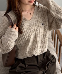 RANAN/solleim別注【U.S.POLO ASSN.】ワンポイントケーブルVニット
