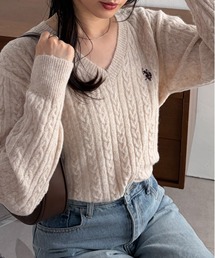 RANAN/solleim別注【U.S.POLO ASSN.】ワンポイントケーブルVニット