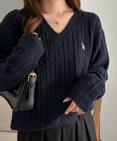 RANAN/solleim別注【U.S.POLO ASSN.】ワンポイントケーブルVニット