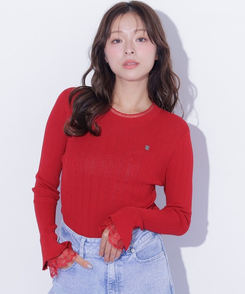 JILL by JILL STUART(ジルバイジルスチュアート)の「袖レースシアーリブニット(ニット/セーター・レディース・ホワイト/ブラック/レッド・FREE)」の8枚目の写真