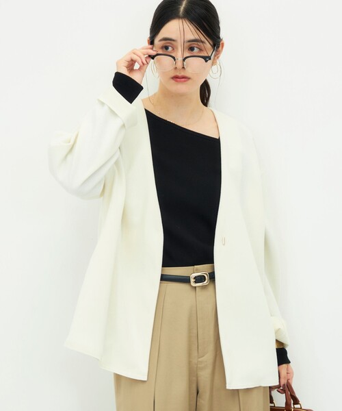 NOLLEY’S（ノーリーズ）の「《防シワ/ストレッチ》ウォッシャブルストレッチジャージハオリ（ブルゾン・レディース・オフホワイト/グレイッシュベージュ/ブラック・36/38）」の9枚目の写真