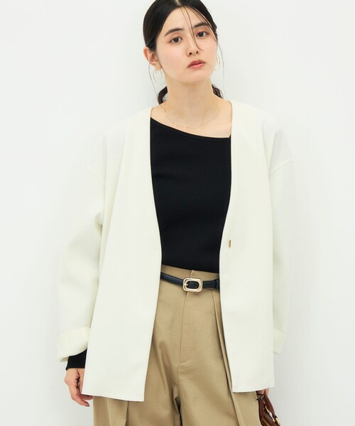 NOLLEY’S（ノーリーズ）の「《防シワ/ストレッチ》ウォッシャブルストレッチジャージハオリ（ブルゾン・レディース・オフホワイト/グレイッシュベージュ/ブラック・36/38）」の13枚目の写真