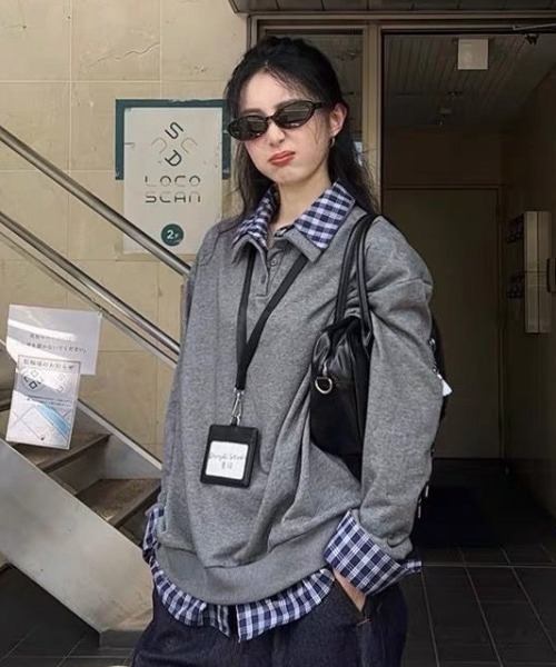 AVYL(アヴィル)の「チェックシャツドッキング ハーフジップスウェット(スウェット・レディース・グレー/ネイビー・M)」の6枚目の写真
