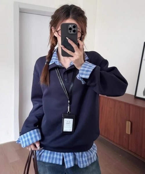 AVYL(アヴィル)の「チェックシャツドッキング ハーフジップスウェット(スウェット・レディース・グレー/ネイビー・M)」の9枚目の写真