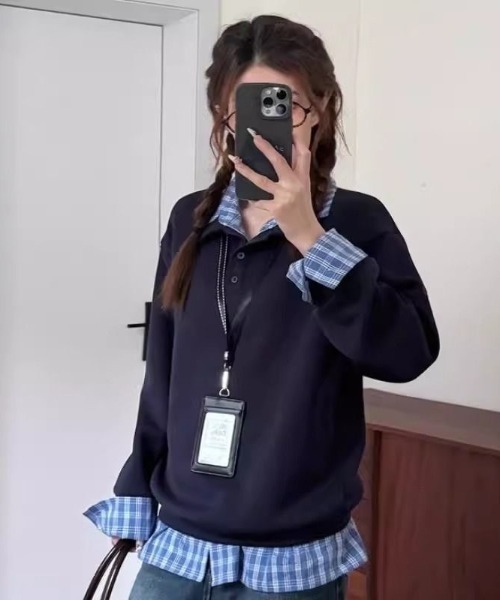 AVYL(アヴィル)の「チェックシャツドッキング ハーフジップスウェット(スウェット・レディース・グレー/ネイビー・M)」の16枚目の写真