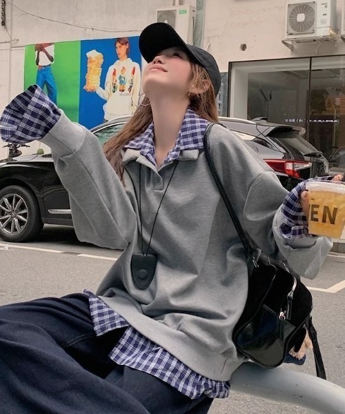 AVYL(アヴィル)の「チェックシャツドッキング ハーフジップスウェット(スウェット・レディース・グレー/ネイビー・M)」の12枚目の写真