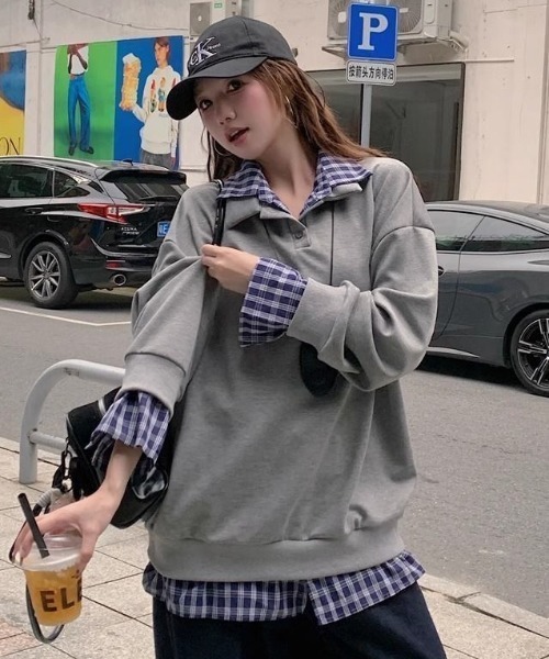 AVYL(アヴィル)の「チェックシャツドッキング ハーフジップスウェット(スウェット・レディース・グレー/ネイビー・M)」の11枚目の写真