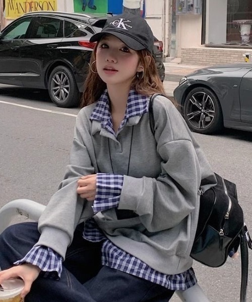 AVYL(アヴィル)の「チェックシャツドッキング ハーフジップスウェット(スウェット・レディース・グレー/ネイビー・M)」の19枚目の写真
