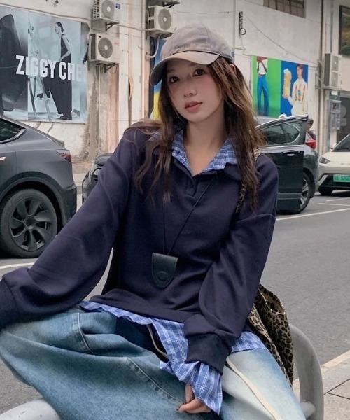AVYL(アヴィル)の「チェックシャツドッキング ハーフジップスウェット(スウェット・レディース・グレー/ネイビー・M)」の15枚目の写真