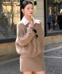 ケーブル編み スキッパーVネックルーズニット+ミニスカート セットアップ