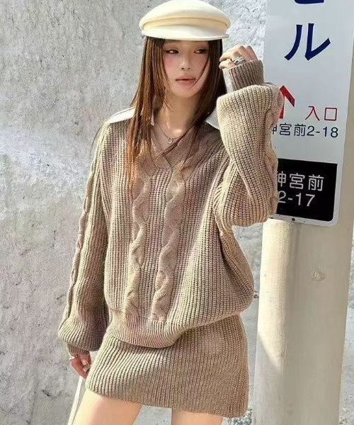 Teem Store（チームストア）の「ケーブル編み スキッパーVネックルーズニット＋ミニスカート セットアップ（ニット/セーター・レディース・ベージュ/ブラック・M）」の6枚目の写真