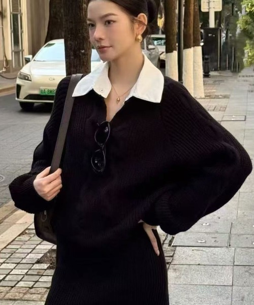 Teem Store（チームストア）の「ケーブル編み スキッパーVネックルーズニット＋ミニスカート セットアップ（ニット/セーター・レディース・ベージュ/ブラック・M）」の4枚目の写真