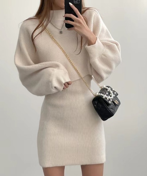FAVORITO(ファヴォリート)の「ニットトップスワンピースセットアップ(セットアップ・レディース・ベージュ/ブラック/モカ・F)」の1枚目の写真