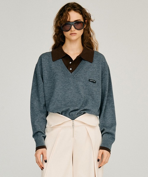 PRANK PROJECT(プランクプロジェクト)の「【2026Winter Pre-Order】レイヤードポロニットトップ / Layered Polo Knit Top(ニット/セーター・レディース・グリーン/ブラウン/グレー/チャコールグレー・FREE)」の1枚目の写真