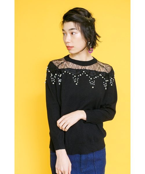 DOLLUPOOPS（ドールアップウップス）の「<doll up oops> 肩レース　パール付ニット（ニット/セーター・レディース・ブラック/杢グレー・38）」の3枚目の写真