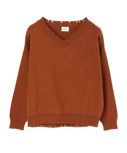 YECCA VECCA（イェッカヴェッカ）の「ダメージVネックニット（ニット/セーター・レディース・ベージュ/パープル/ブラウン/グレー・FREE）」の7枚目の写真