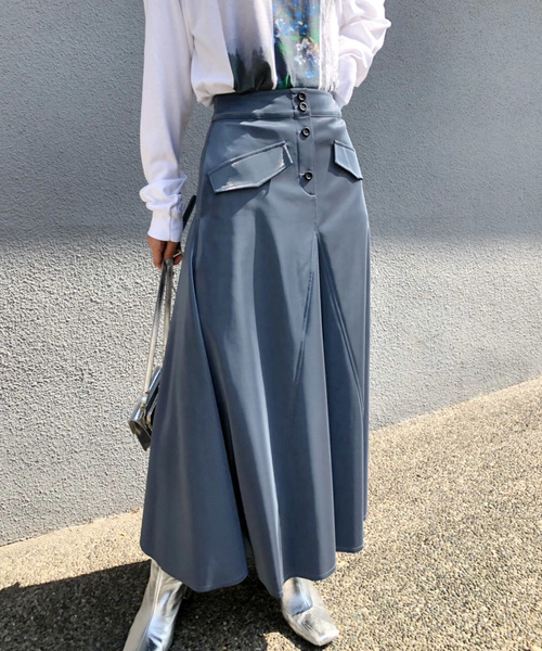 Ameri アメリ IRREGULAR FLARE LEATHER SKIRT Ameri（アメリ）の「IRREGULAR FLARE LEATHER SKIRT（スカート