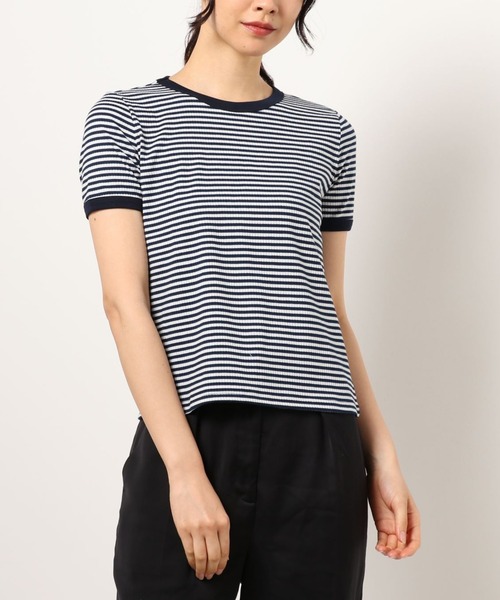 emi+(エミプラス)の「5分袖配色パイピングカットソーボーダーTee(Tシャツ/カットソー・レディース・ブラック/グリーン/オレンジ/ネイビー/ボルドー・S/M/L)」の1枚目の写真