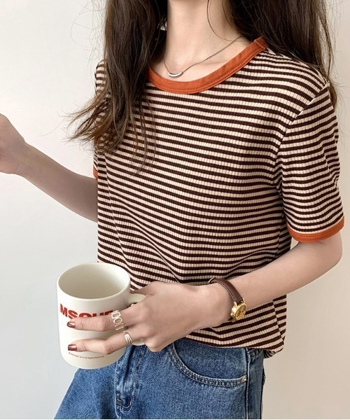 emi+(エミプラス)の「5分袖配色パイピングカットソーボーダーTee(Tシャツ/カットソー・レディース・ブラック/グリーン/オレンジ/ネイビー/ボルドー・S/M/L)」の5枚目の写真