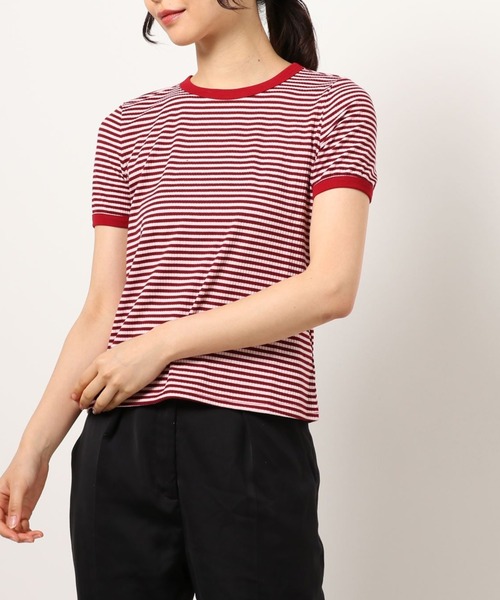 emi+(エミプラス)の「5分袖配色パイピングカットソーボーダーTee(Tシャツ/カットソー・レディース・ブラック/グリーン/オレンジ/ネイビー/ボルドー・S/M/L)」の4枚目の写真