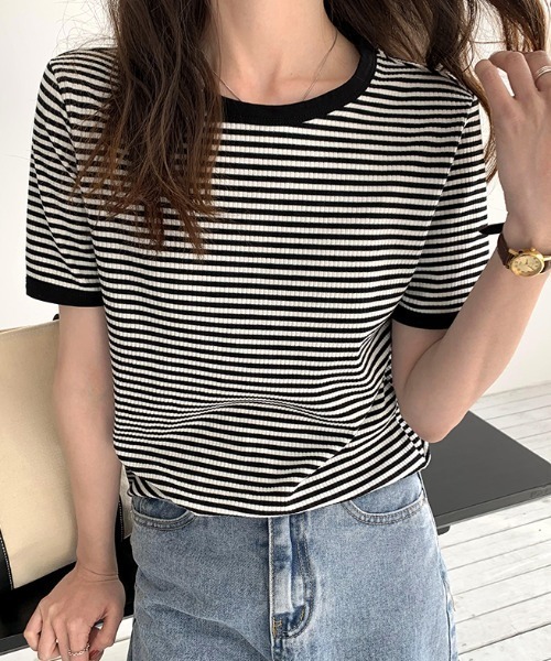 emi+(エミプラス)の「5分袖配色パイピングカットソーボーダーTee(Tシャツ/カットソー・レディース・ブラック/グリーン/オレンジ/ネイビー/ボルドー・S/M/L)」の2枚目の写真