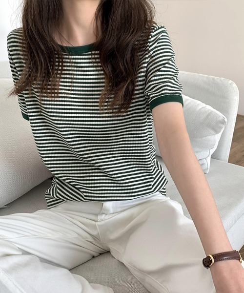 emi+(エミプラス)の「5分袖配色パイピングカットソーボーダーTee(Tシャツ/カットソー・レディース・ブラック/グリーン/オレンジ/ネイビー/ボルドー・S/M/L)」の18枚目の写真