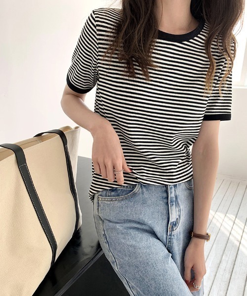 emi+(エミプラス)の「5分袖配色パイピングカットソーボーダーTee(Tシャツ/カットソー・レディース・ブラック/グリーン/オレンジ/ネイビー/ボルドー・S/M/L)」の19枚目の写真