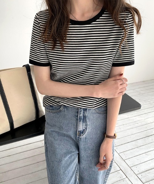 emi+(エミプラス)の「5分袖配色パイピングカットソーボーダーTee(Tシャツ/カットソー・レディース・ブラック/グリーン/オレンジ/ネイビー/ボルドー・S/M/L)」の21枚目の写真