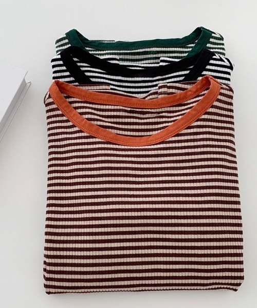 emi+(エミプラス)の「5分袖配色パイピングカットソーボーダーTee(Tシャツ/カットソー・レディース・ブラック/グリーン/オレンジ/ネイビー/ボルドー・S/M/L)」の6枚目の写真